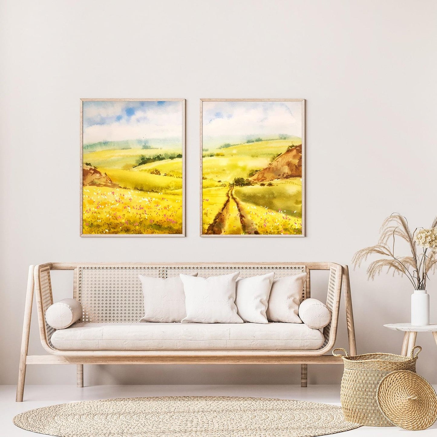 Watercolor landscape canola flower field