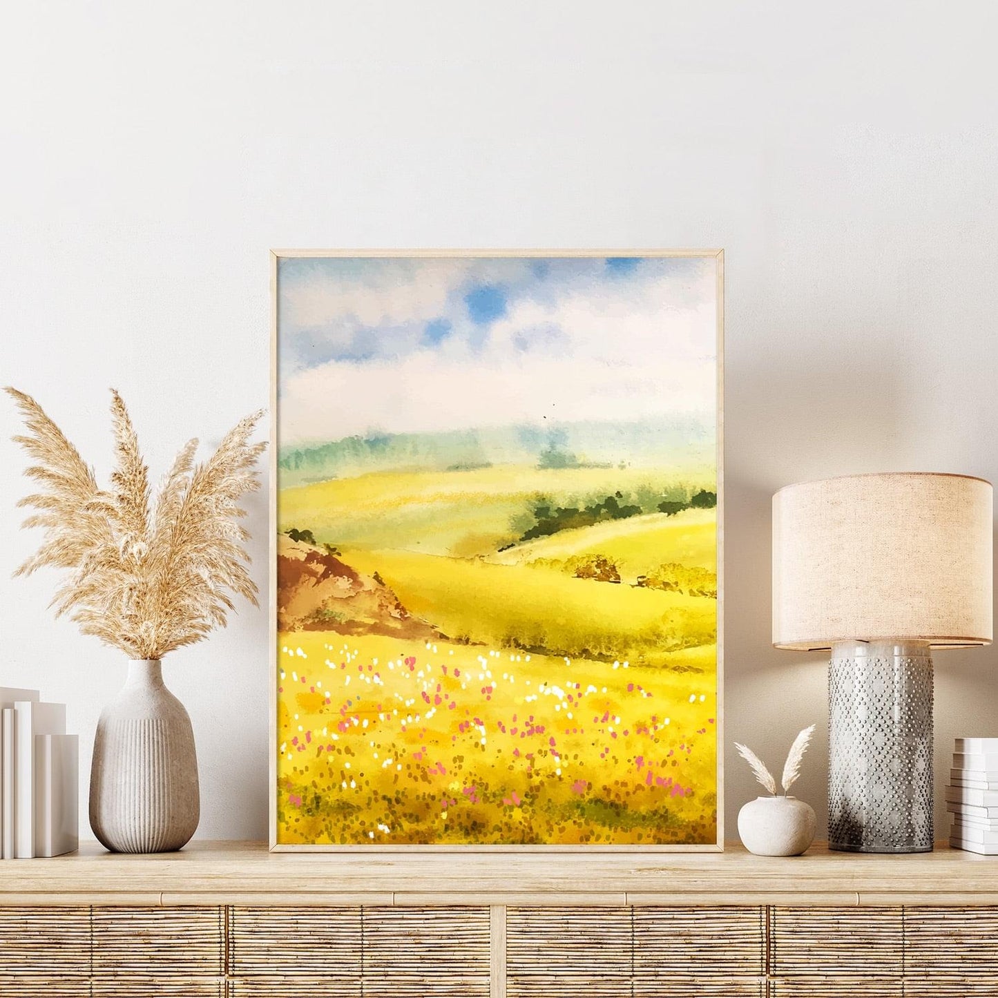 Watercolor landscape canola flower field