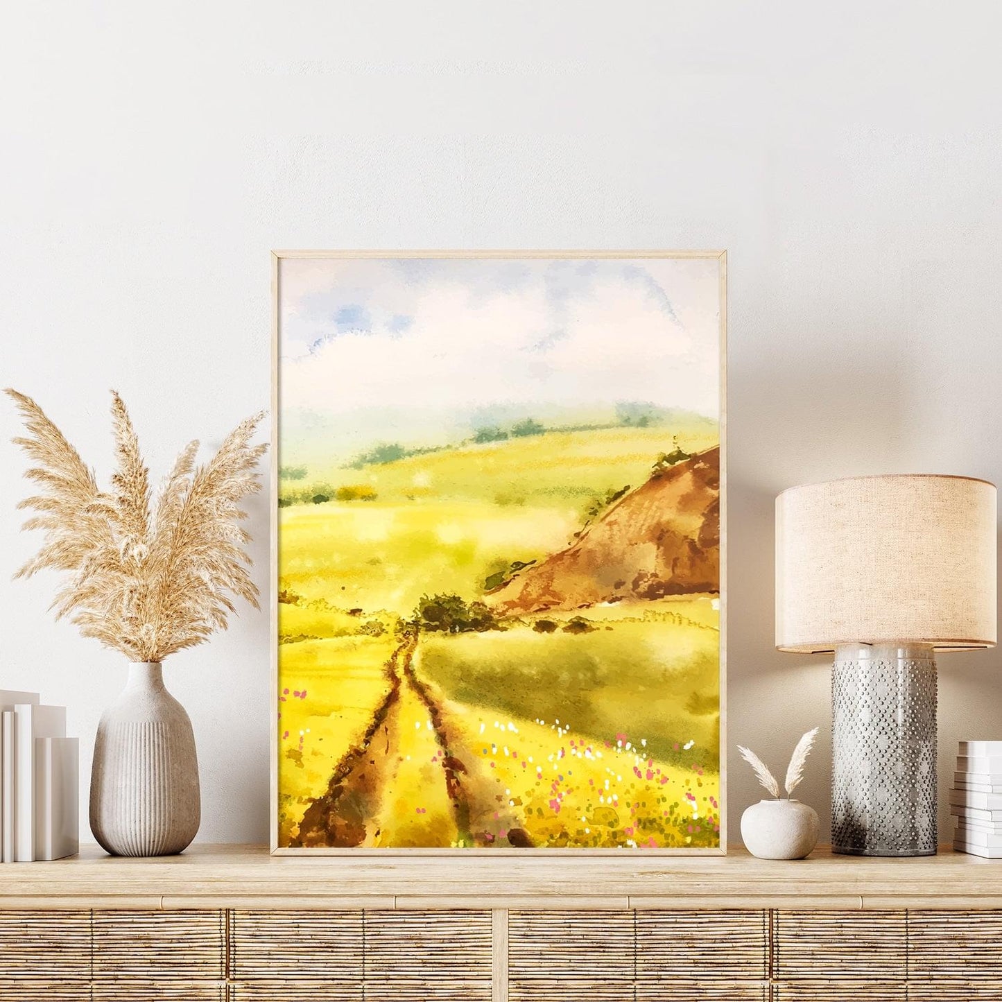 Watercolor landscape canola flower field