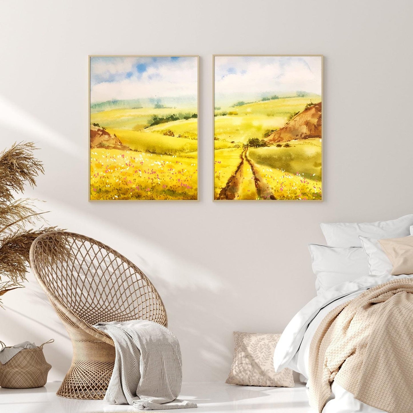 Watercolor landscape canola flower field