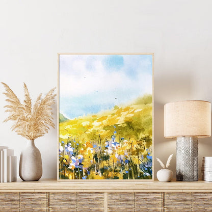 Watercolor spring landscape with flowers and sky